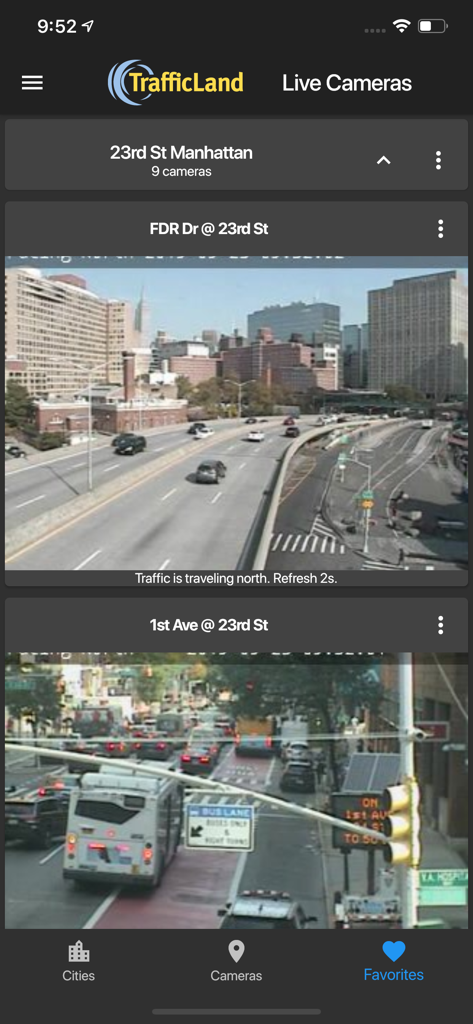 TrafficLand app interface showing live traffic camera feeds for 23rd Street in Manhattan within the favorites tab