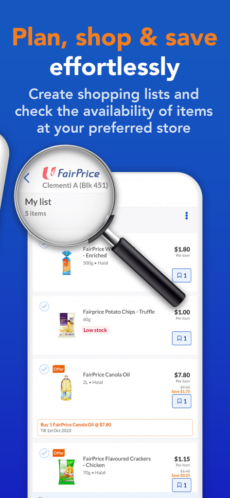 FairPrice Group app showing a digital shopping list with product availability and prices.