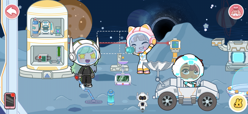 Tut World:City Life Creator - Cartoon avatars in space suits on a lunar surface with a rover and research base