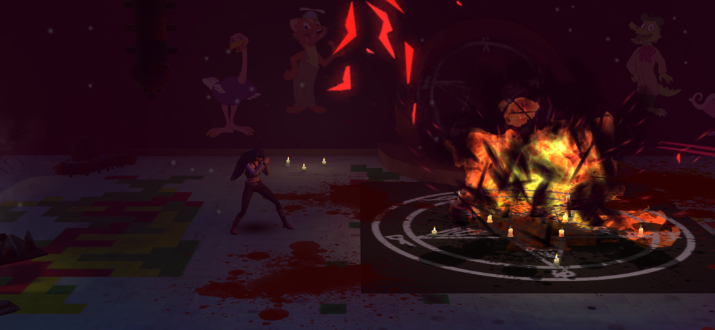 Willy's Wonderland - 暗い部屋で燃える五芒星とアニマトロニクス風の壁画の前に立つキャラクター、リヴ。