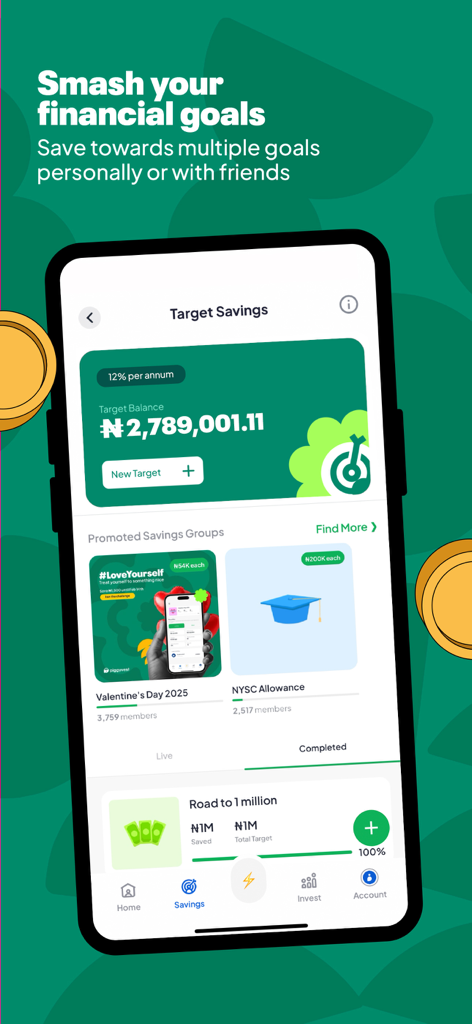 PiggyVest: Save & Invest Today - PiggyVest App-Oberfläche mit Sparzielen und Gruppen-Sparfunktionen