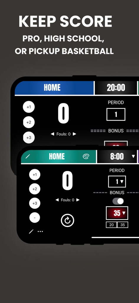 Basketball Scoreboard - HOOP - A mobile interface for the Basketball Scoreboard app showing score tracking, period, game clock, and shot clock features