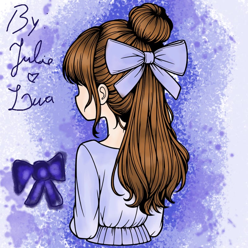 realistic girl  with hip length hair a bun and a big bow on the back of head