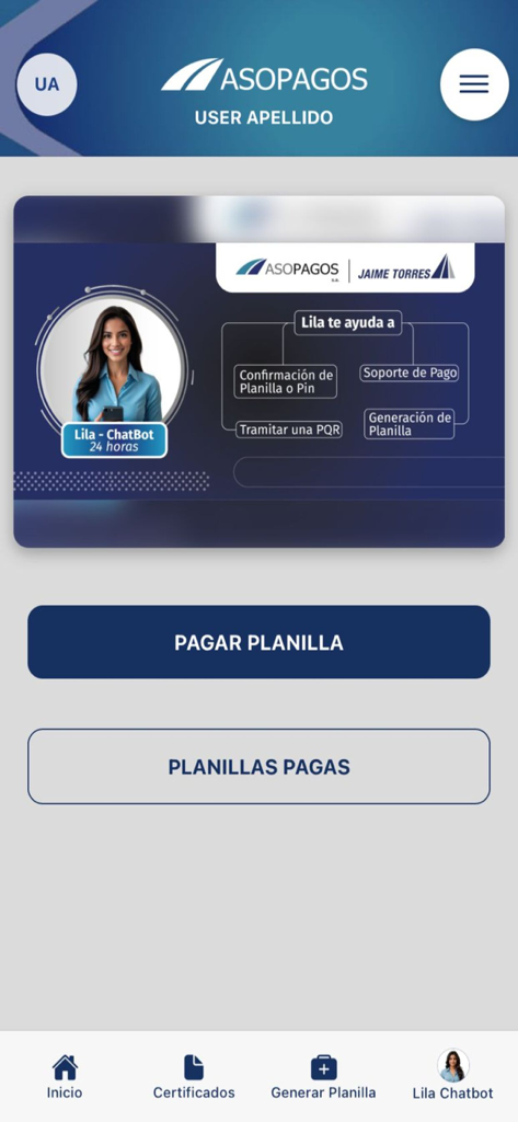Pantalla de inicio de la aplicación móvil Asopagos mostrando opciones de pago e interfaz del chatbot Lila