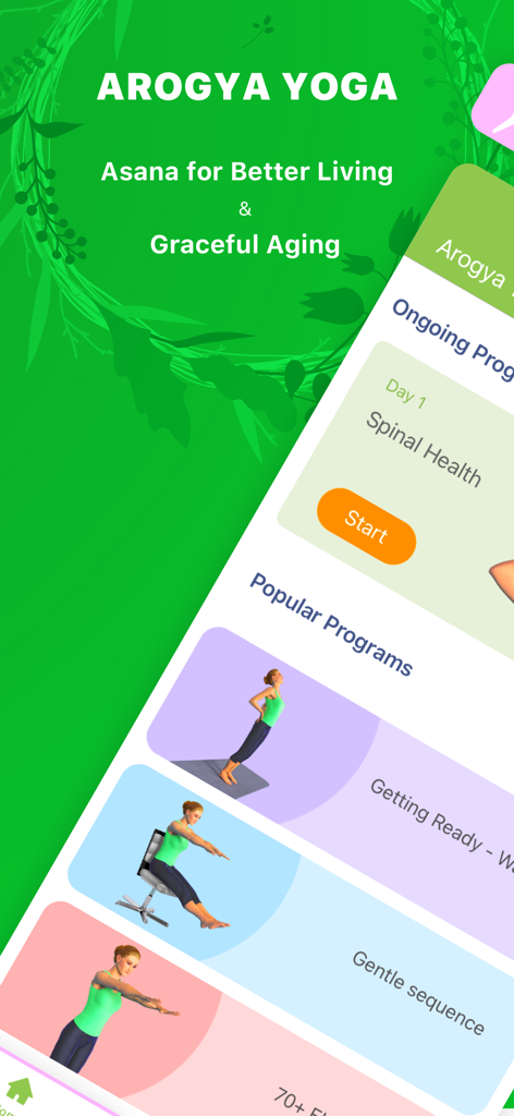 Seniors Yoga @ Graceful Aging - Interface of the Seniors Yoga app displaying a spinal health program and a variety of gentle yoga sequences for older adults