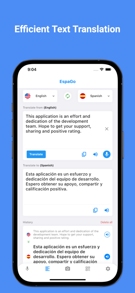 Spanish Translator Pro - 45+ - Interfaz de la aplicación EspaGo que muestra la traducción de texto de inglés a español con funciones de voz y copia.
