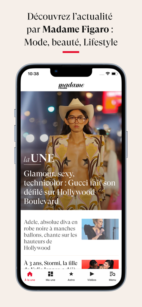 L'écran d'accueil de l'application Madame Figaro présente des articles d'actualité sur la mode et le style de vie