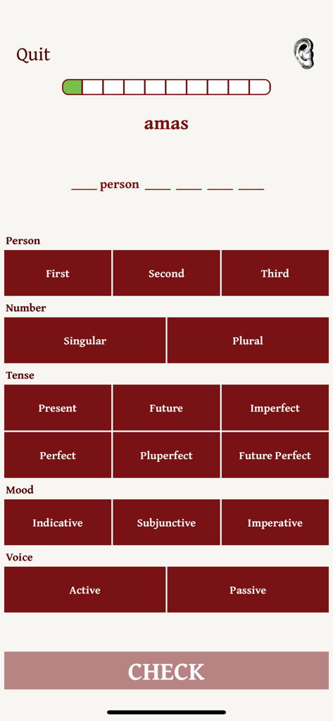 Vice Verba - Une interface d'application d'apprentissage de la langue latine montrant un quiz d'analyse verbale pour le mot 'amas' avec des options pour la personne, le nombre, le temps, le mode et la voix.