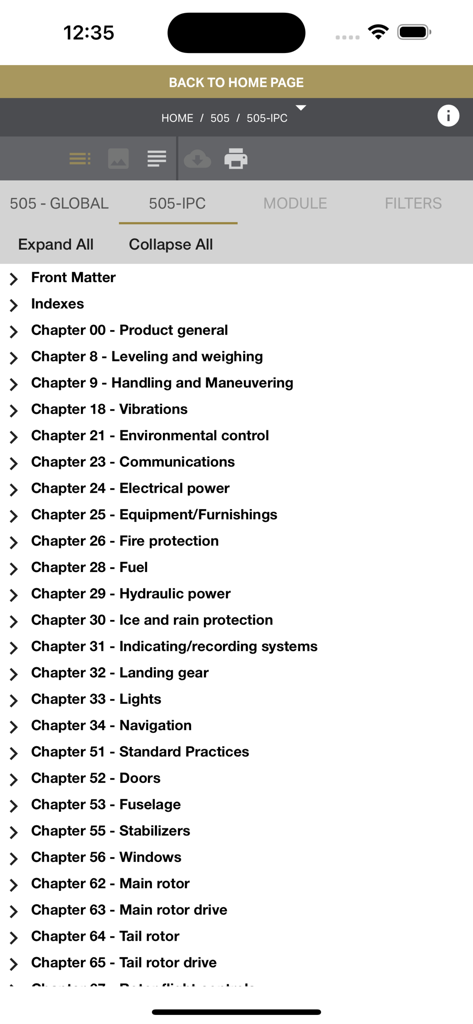 Bell TechPubs - Una lista de capítulos de manuales técnicos de aviación para el helicóptero Bell 505 que incluye sistemas de energía eléctrica y rotores