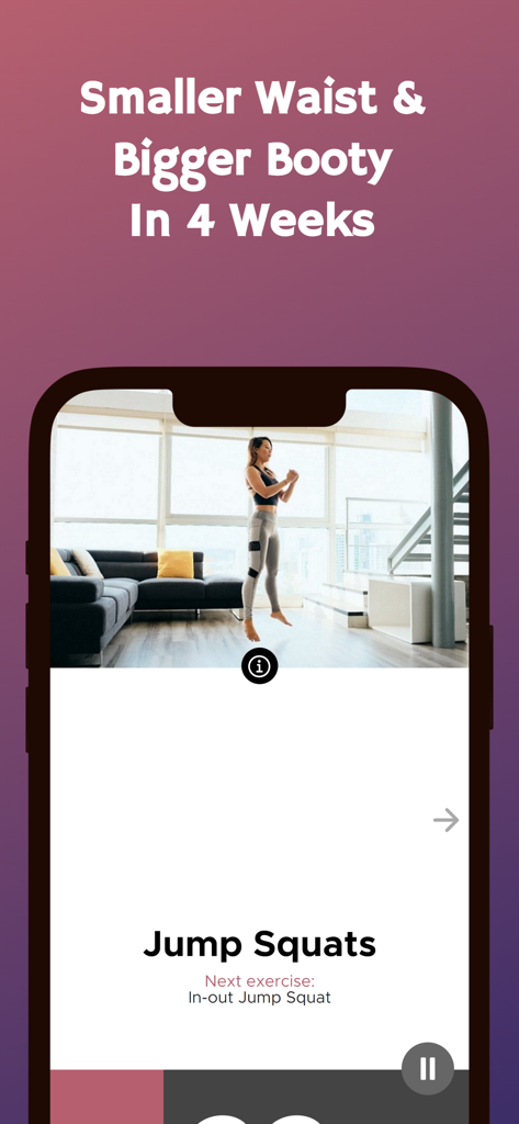 Oberfläche der 30-Tage-Po-Lifting-Challenge-App mit einer Jump-Squat-Workout-Routine.