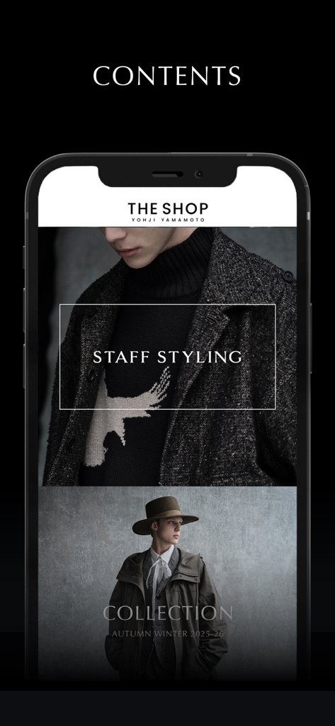 THE SHOP YOHJI YAMAMOTO - The official Yohji Yamamoto app interface showing staff styling and the autumn winter 2025-26 collection.
