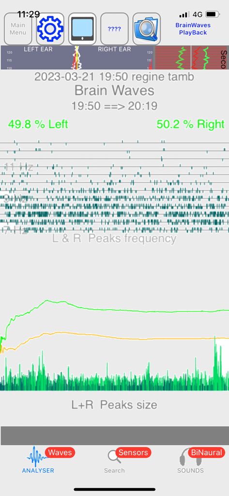 FlameInMind - Écran de lecture de l'application FlameInMind affichant la fréquence des ondes cérébrales et les données de taille de pic.