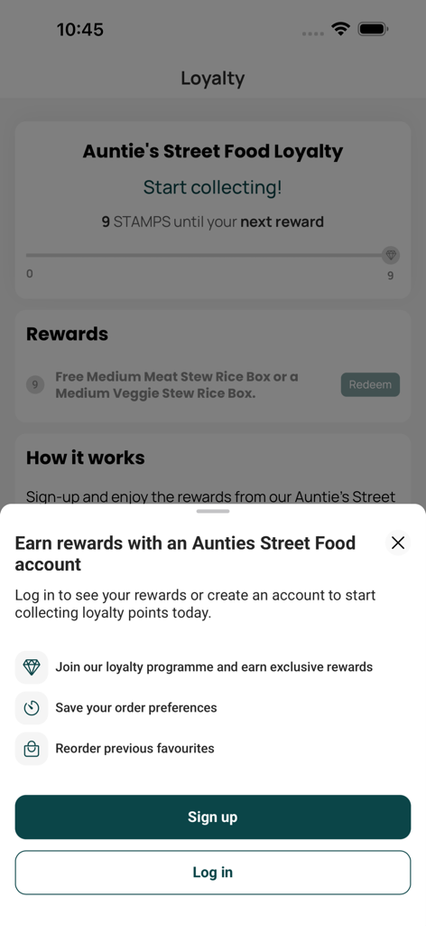 Aunties Street Food - A mobile app screen for Aunties Street Food loyalty program featuring reward points and sign up prompt.