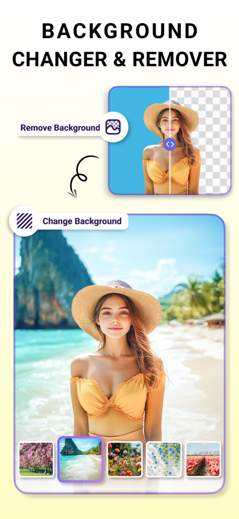 LightX: AI Photo & Body Editor - Interfaz de la aplicación LightX mostrando la eliminación y reemplazo de fondos con IA