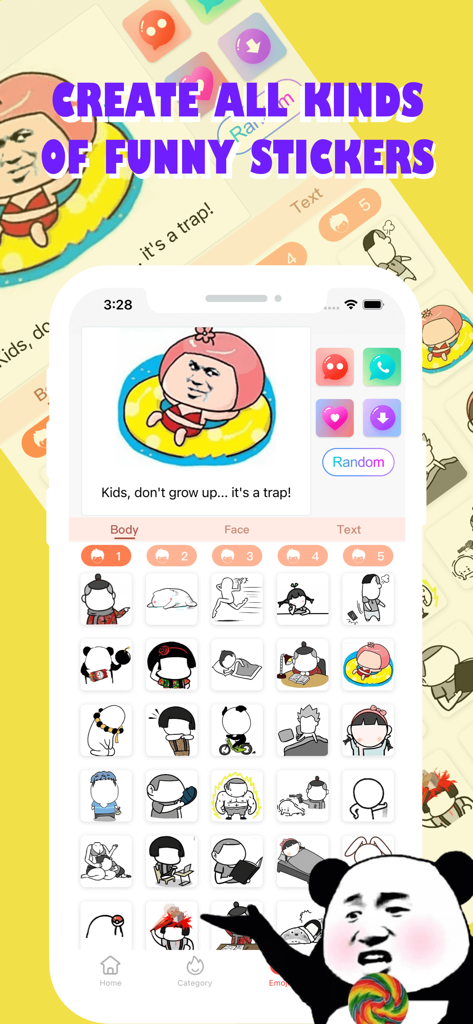 Magic Stickers & Emoji - Mobile app interface for creating custom funny stickers with various character templates