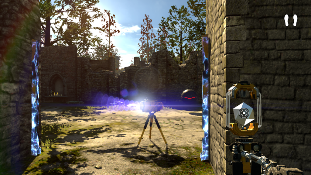 First person view of a laser puzzle in ancient ruins with futuristic devices
