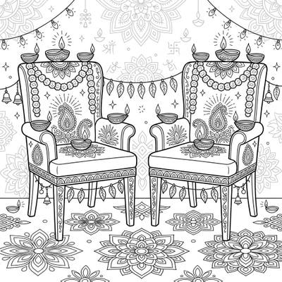 Bring the warmth and light of Diwali to life with this intricate coloring page. Featuring two elegantly decorated dining chairs, adorned with traditional diyas and beautiful rangoli patterns, it's a perfect way to celebrate.