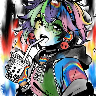 hot baddie anime girl drinking boba and biting the straw