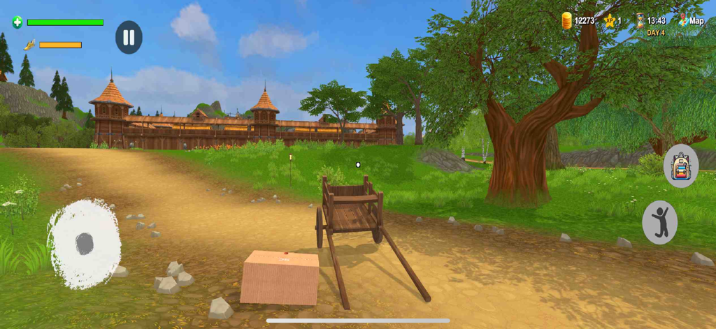 Medieval Shopman - Gameplay screenshot of Medieval Shopman showing a wooden cart on a dirt road leading to a medieval fortress