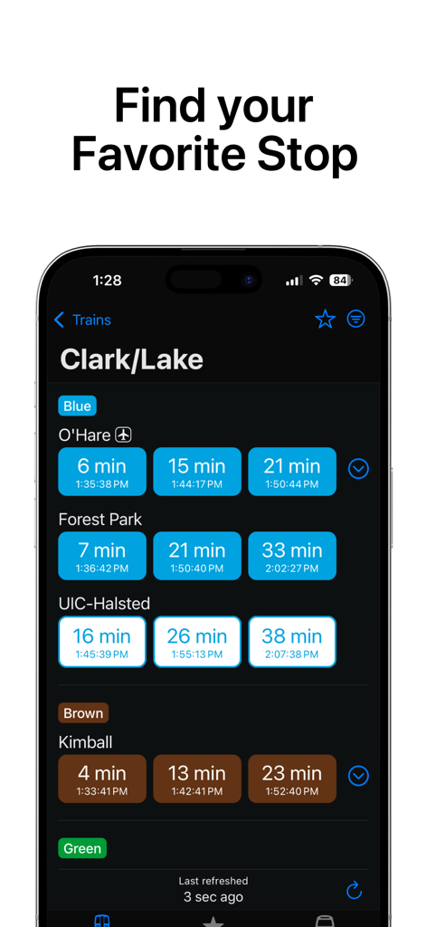 ChiGo - Chicago Trains & Buses - The ChiGo app interface displaying real time train arrival times for Blue Brown and Green CTA lines at the Clark Lake station