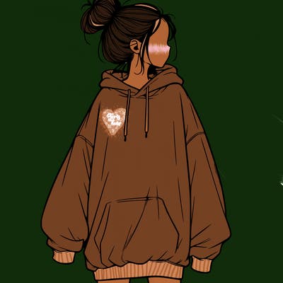 realistic girl with a oversized sweatshirt on and a bun