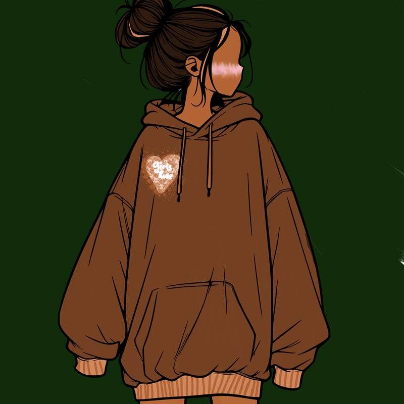 realistic girl with a oversized sweatshirt on and a bun