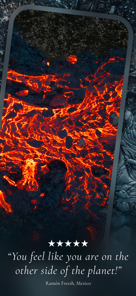 An immersive high definition visual of a glowing lava flow from the Portal nature app with a five star user review.