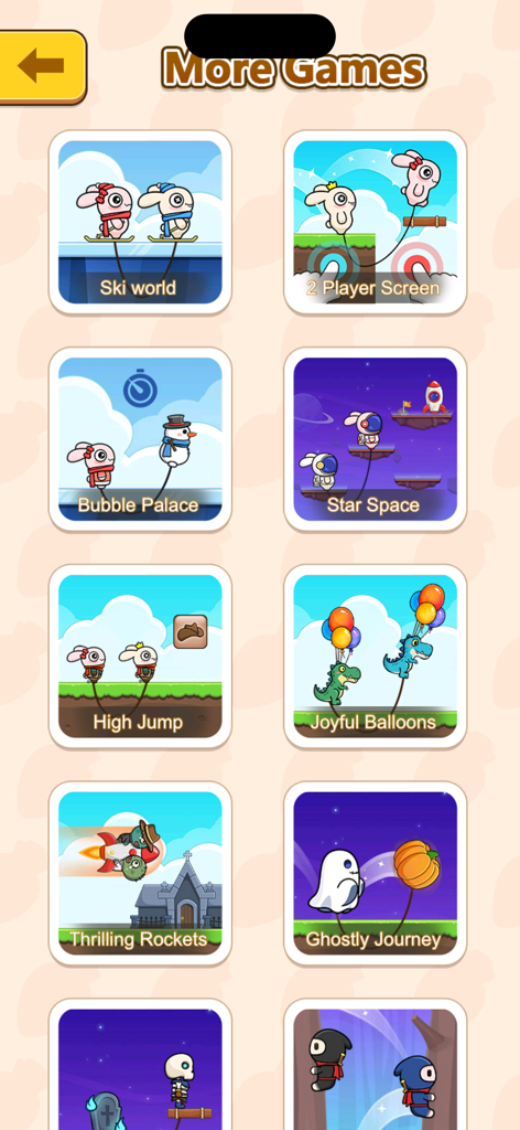 2 Player Games Collection - Una cuadrícula de menú que muestra varios minijuegos, incluyendo Ski World, Star Space y High Jump en la aplicación Colección de Juegos para 2 Jugadores.