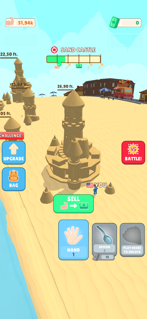 Sand Castle: Tap & Build - A screenshot of the Sand Castle Tap and Build mobile game showing a tall sandcastle construction on a sunny beach with various building tools at the bottom.