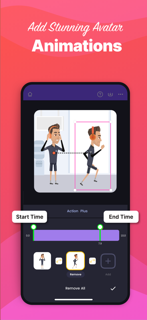 Animaker: Animation Maker - Interfaz de la app móvil de Animaker mostrando un personaje siendo animado con controles de tiempo de inicio y fin.