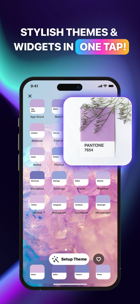 Themes Widgets & Icons by Vega - Una configurazione della schermata Home estetica viola dell'iPhone con icone personalizzate e un widget ispirato al Pantone dall'app Vega.