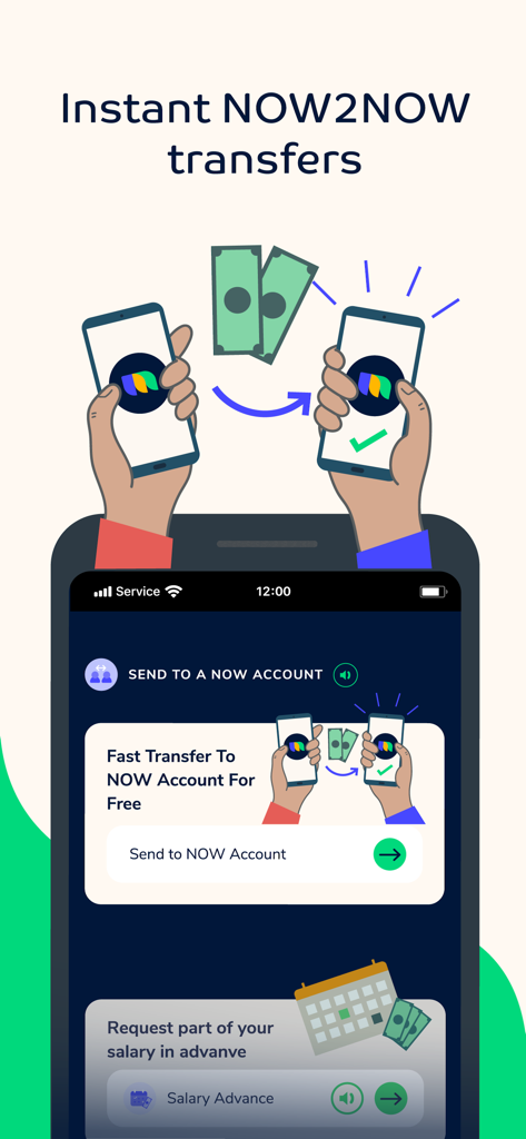 NOW Money app interface showing instant peer-to-peer transfers and salary advance options