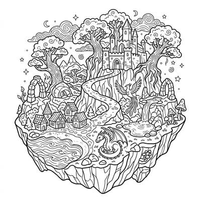 Embark on a coloring journey to a fantastical floating island teeming with legendary creatures and ancient wonders. This intricate design, with its clear lines and mature themes, is specially crafted for seniors seeking relaxation and cognitive engagement.