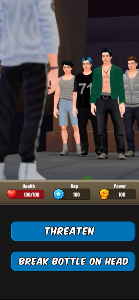 Pawn to Don Mafia Crime Story - Pawn to Don 犯罪物語のゲームプレイ画面。脅迫するかボトルを割るかの対話型選択肢が表示されている。