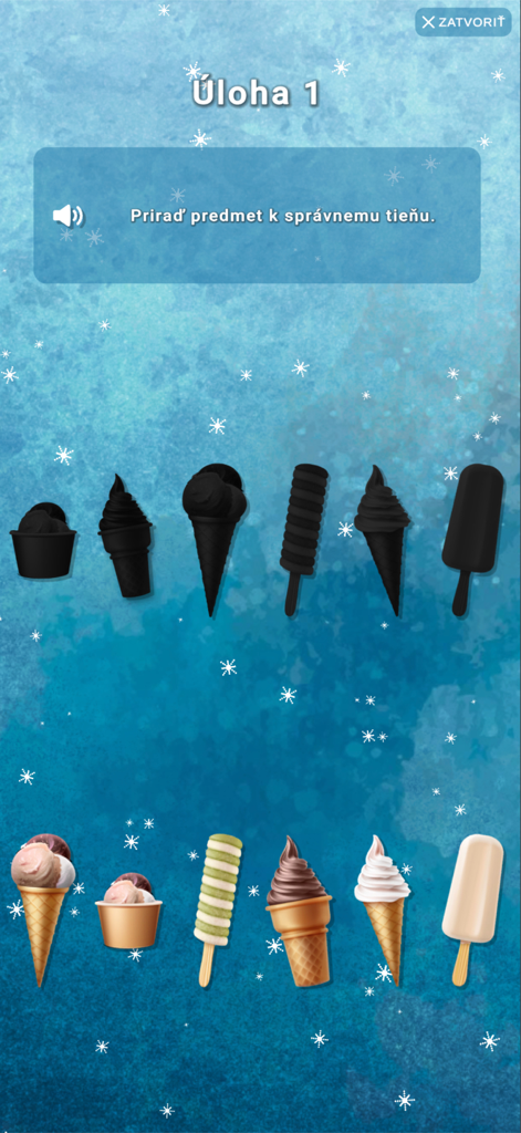 Mind-Fit - Attività di screening cognitivo dell'app Mind-Fit in cui gli utenti abbinano illustrazioni colorate di gelati alle loro sagome nere corrispondenti.