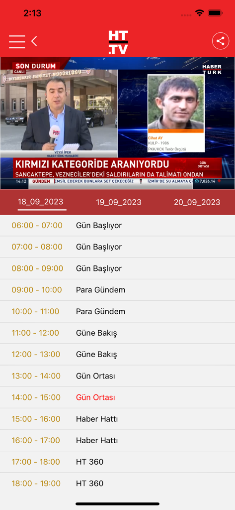 Haberturk TV HD - Haberturk TV app interface featuring a live news broadcast and a detailed daily program schedule