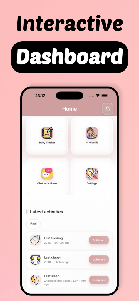 Interactive dashboard of My Avocado baby tracker app showing feeding diaper and sleep activity logs