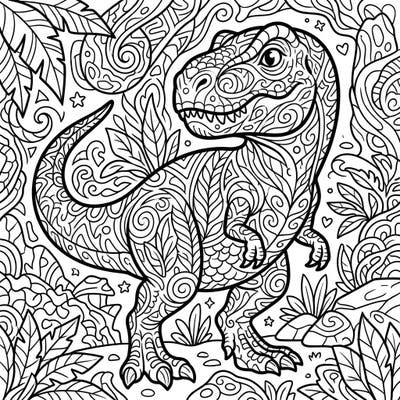 Dive into a prehistoric world with this stunning juvenile T-Rex adult coloring page, featuring incredibly intricate patterns from head to tail. Perfect for adults seeking a mindful and engaging artistic escape to relieve stress.