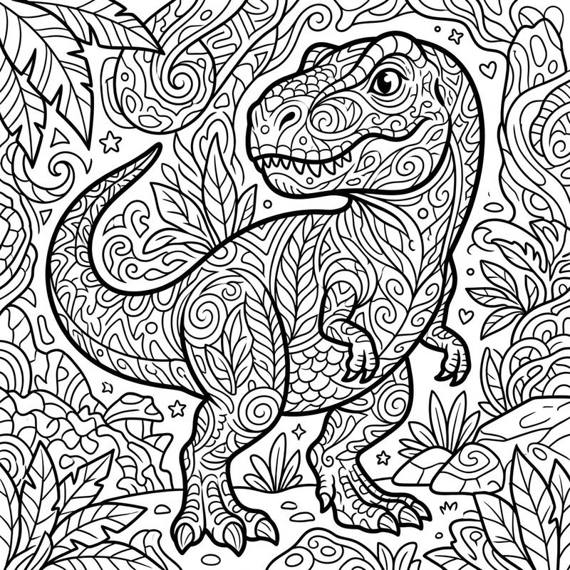 Dive into a prehistoric world with this stunning juvenile T-Rex adult coloring page, featuring incredibly intricate patterns from head to tail. Perfect for adults seeking a mindful and engaging artistic escape to relieve stress.