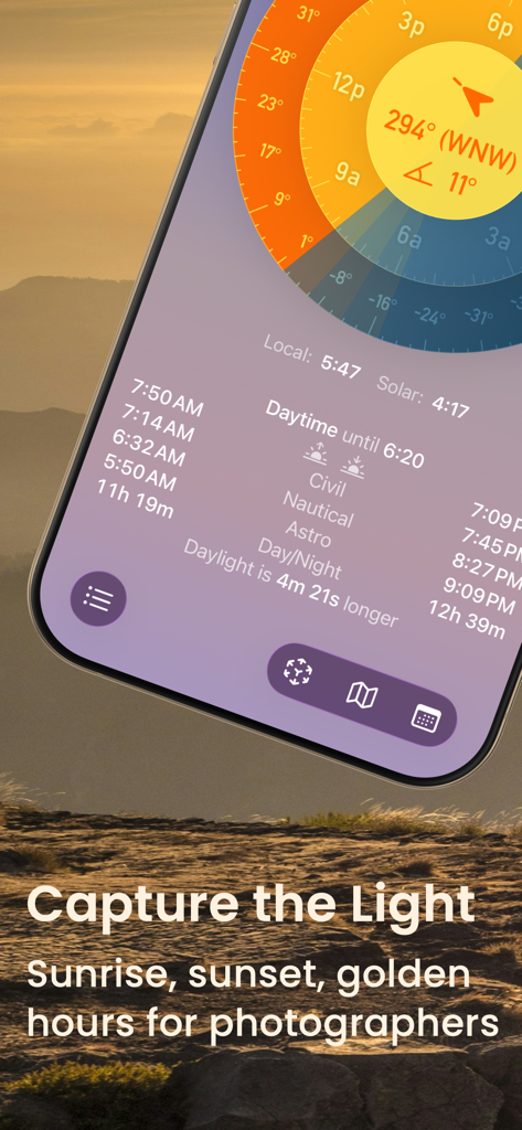 Sun Tracker SolarWatch - SolarWatch app displaying sun tracking data sunrise and sunset times for photographers