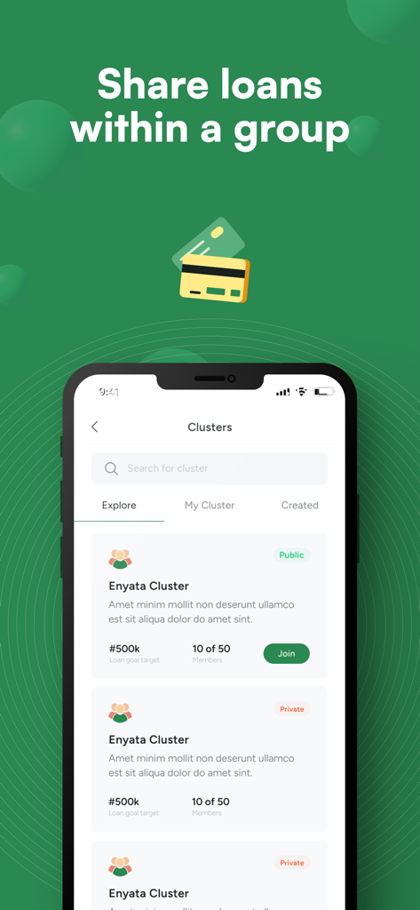SeedFi - A mobile screen showing various loan clusters in the SeedFi app for community-based lending.