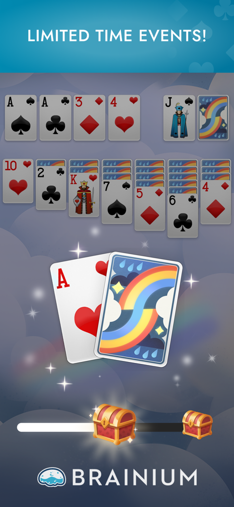 A screenshot of Brainium Solitaire showing a limited time event with custom rainbow card designs and treasure chest rewards.