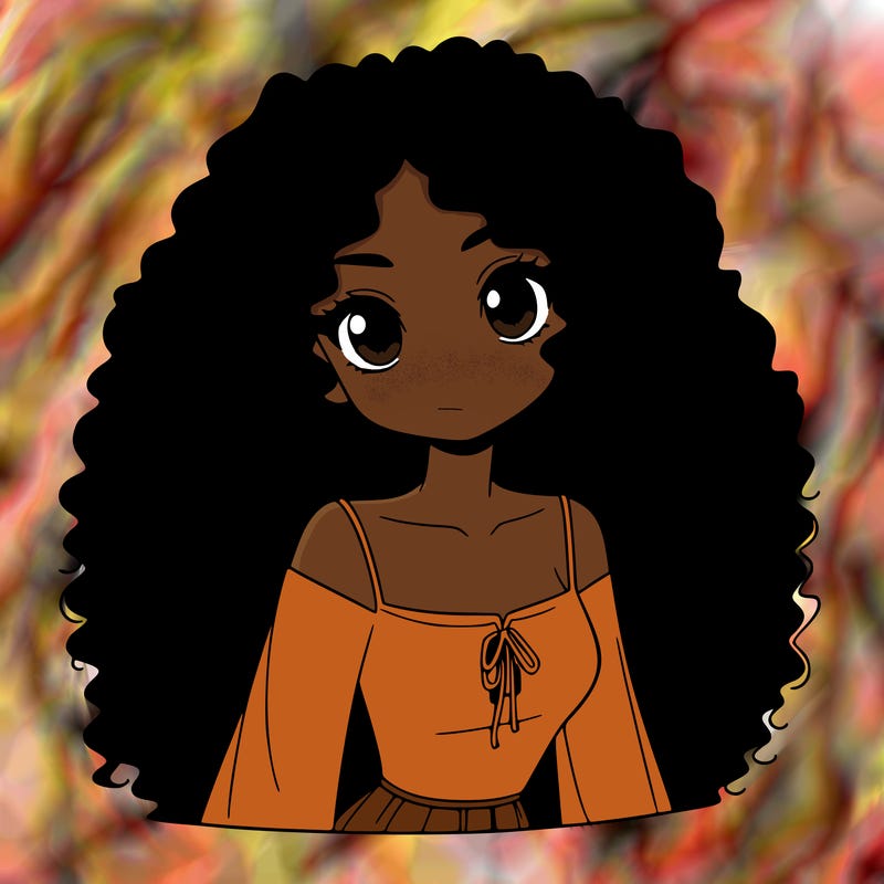 a black anime girl with long afro hair