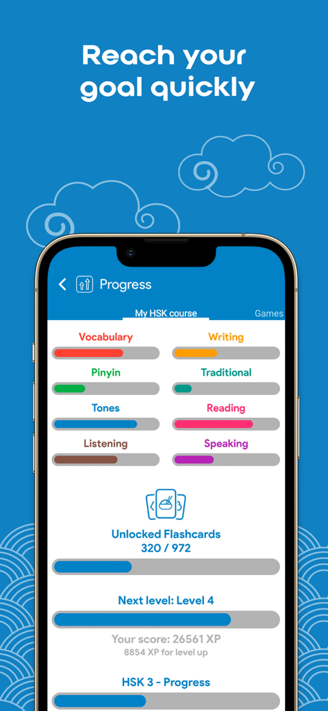 HSK3 Learn Chinese Chinesimple - Panel de progreso de la aplicación HSK3 Aprende Chino que muestra niveles de habilidad y puntuación de XP