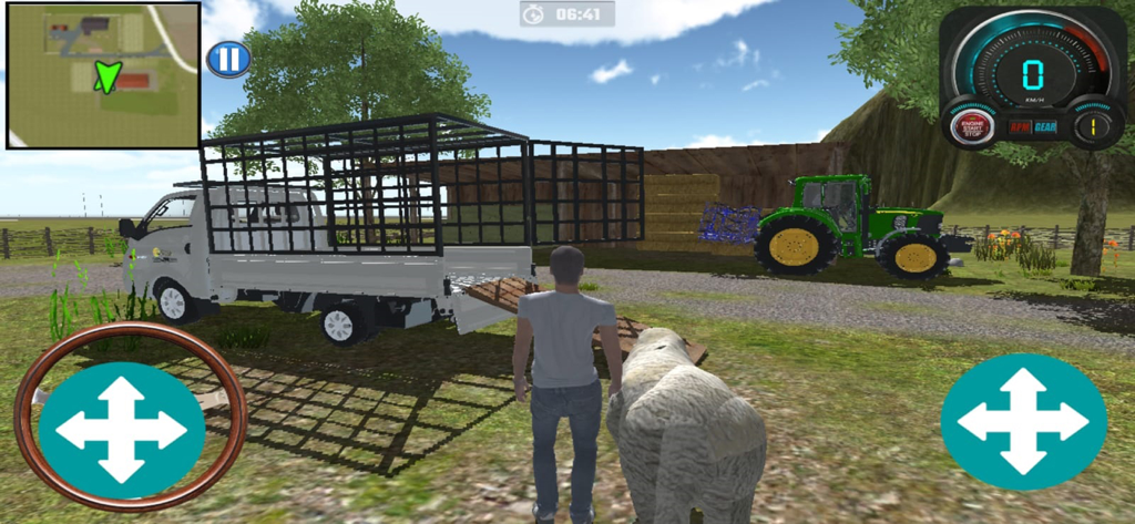 Tractor Forest Farm Simulator - Un personaje de pie junto a una oveja cerca de un camión de transporte de ganado con un tractor verde en un entorno de granja 3D