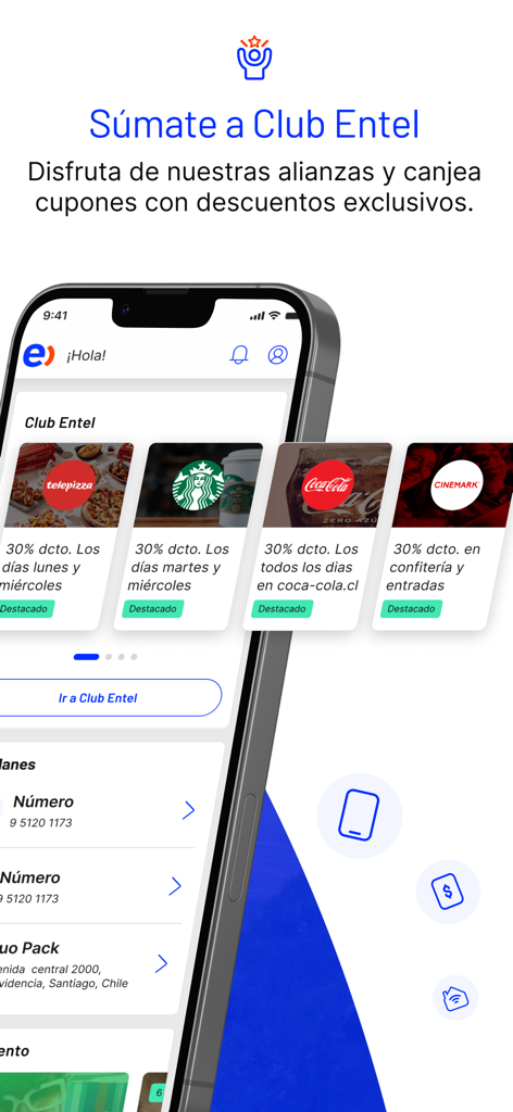 Entel - Capture d'écran de l'application mobile Entel présentant les avantages et réductions exclusifs réservés aux membres du Club Entel