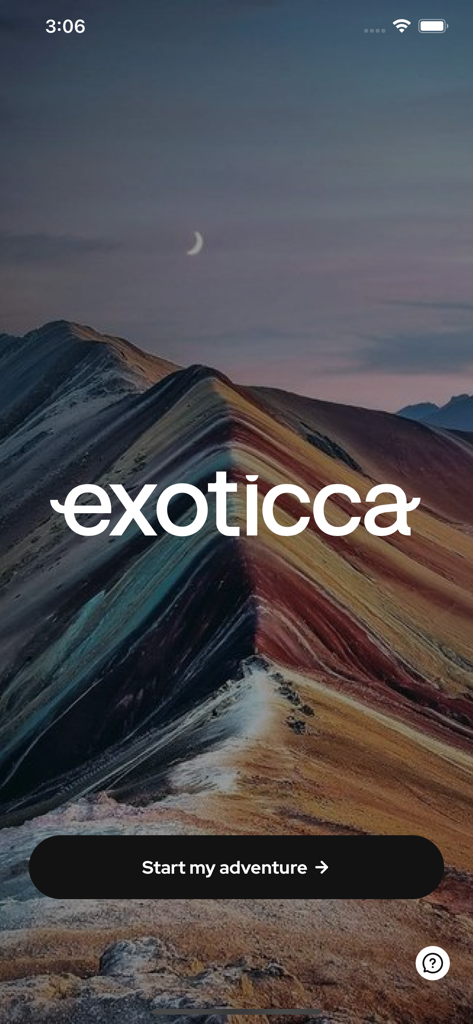Exoticca: Travelers’ App - Pantalla de bienvenida de la app de viajeros Exoticca con un fondo de montaña escénico y un botón de comenzar aventura.