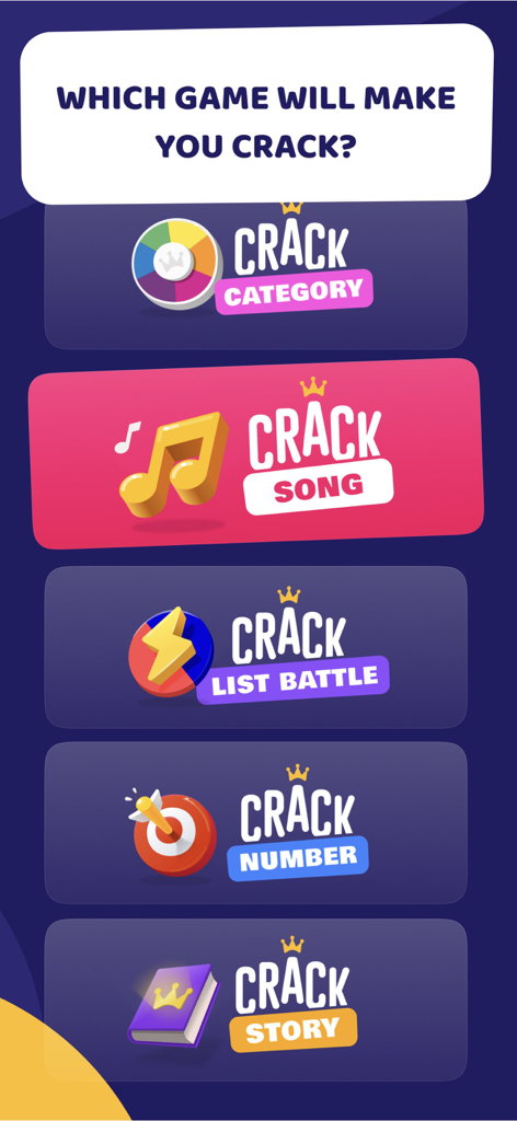 Crack Party Games - A menu screen from the Crack Party Games app displaying various mini games including Crack Category Crack Song and Crack List Battle