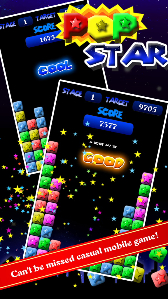 Gameplay screenshot of PopStar Lite showing colorful star blocks and scores in a casual puzzle game.