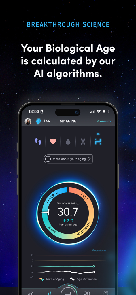 Screenshot of the Humanity app displaying a biological age of 30.7 and aging rate calculated by AI algorithms.